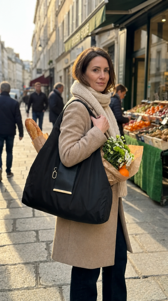 PocketBag przypięty do torebki w drodze z pracy